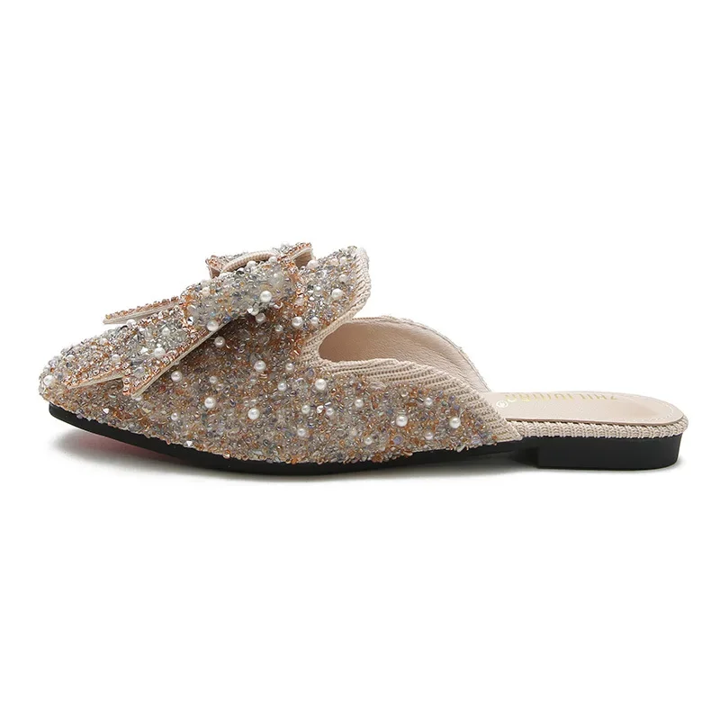 Square Toe Paillette Beads Mules Women Slippers Summer Shoes Woman Sandals Flip Flops Pearl Bling Glitter Slides Plus Size 34-43