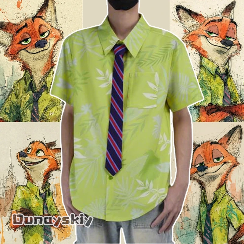 

Костюм рубашки для косплея Fox Nick Wilde {Amanda Cos}Летняя повседневная футболка Зеленая и розовая рубашка с галстуком Топ наряд унисекс на Хэллоуин
