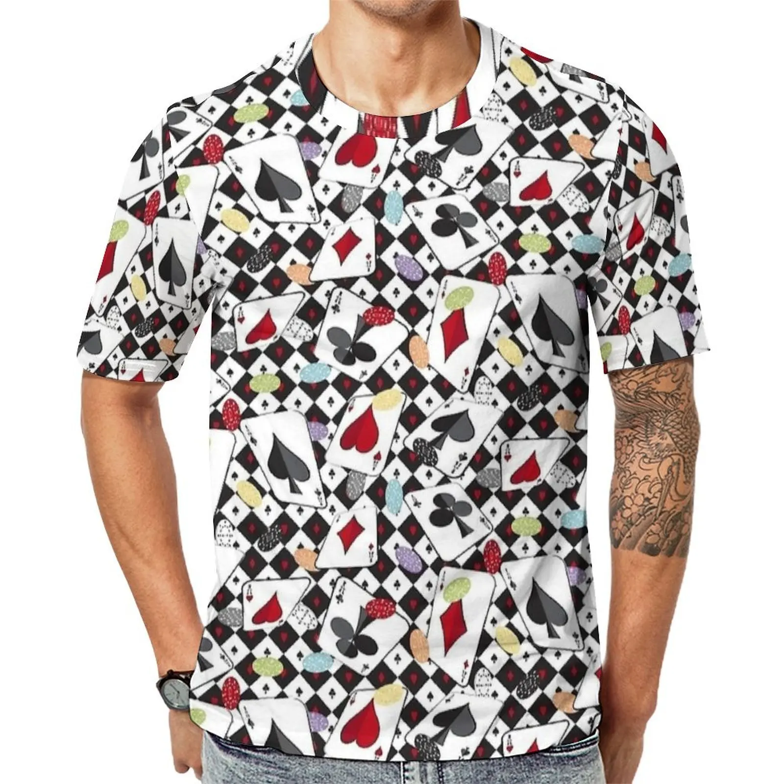 Men Checker Playing Cards Print T Shirt  Cool T-Shirts Short-Sleeved Custom Tops Hot Sale Original Casual Big Size Clothing