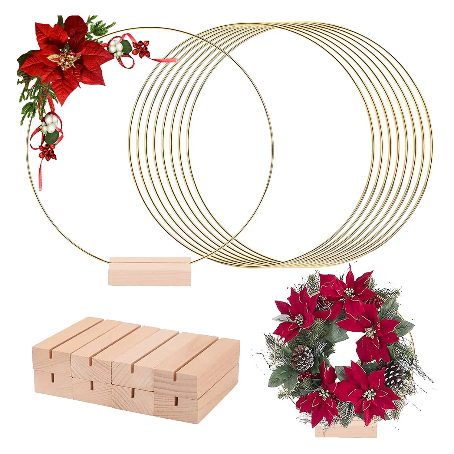 10 Pcs 2 Inch Metal Wreath Table Centerpiece, Metal Wreath Ring, with 10-Piece Wooden Bracket