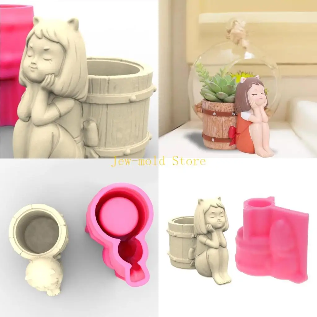 

C71B Girl Barrel Concrete Silicone Mold Flowerpot Cement Plaster Molds