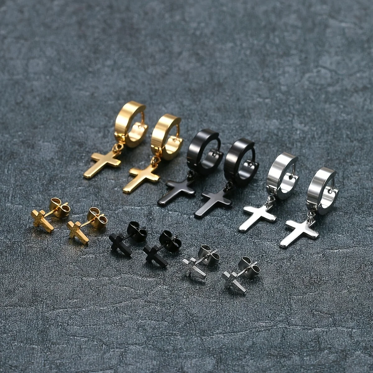 2/4/12pcs Unisex Punk Gothic Stainless Steel Cross Pendant Dangle Huggies Hoop Earrings Cross Ear Stud Earrings Piercing Jewelry