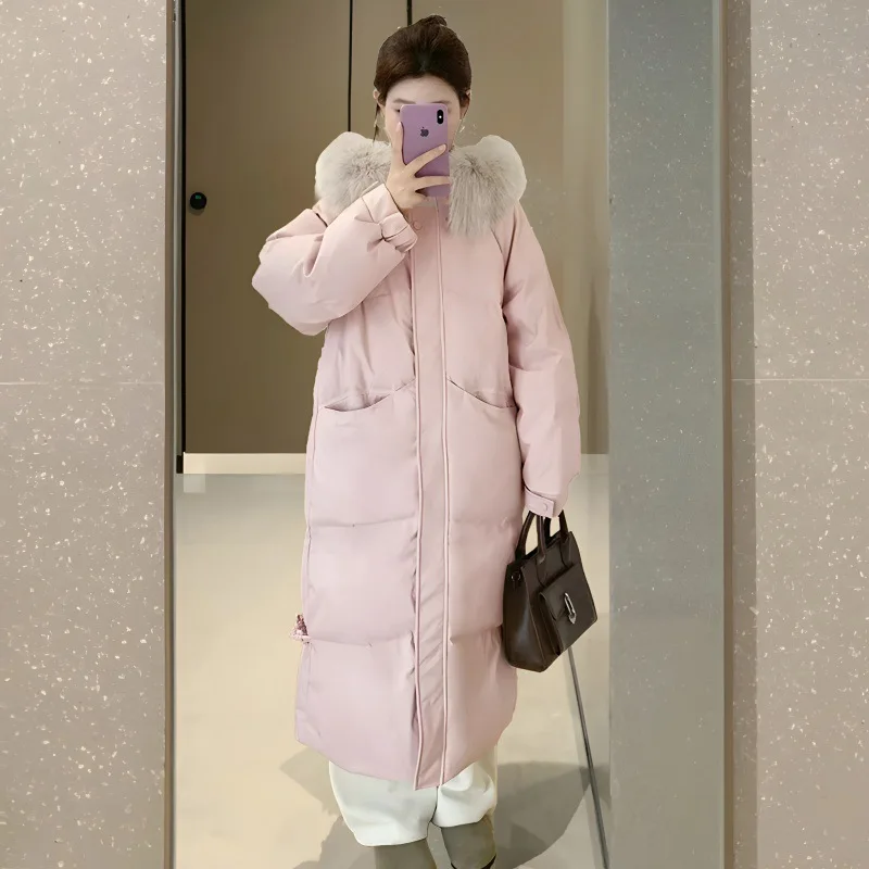 Long College Style Down Jacket Loose Padded Winter Hooded Zipper Pocket Commuter Style Women's Cotton-padded Jacket Coat