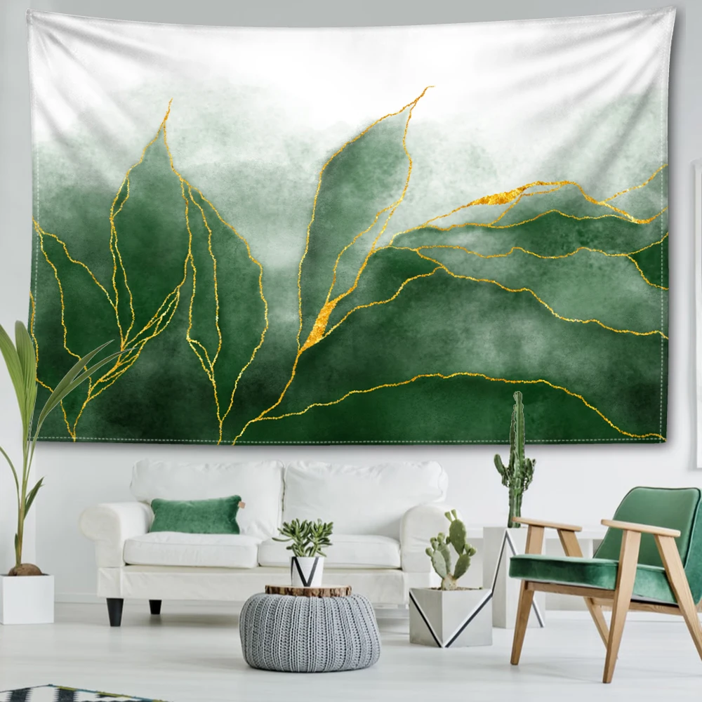 White green gilded leaf printed tapestry, modern art style room bedroom study living room wall hanging art wall decoration