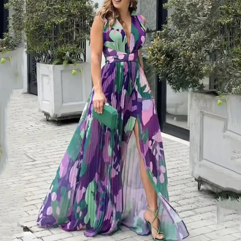 Robe Longue Plissée à Col en V pour Femme, Style Boho, Sexy, Col Licou, Imprimé Élégant, Fente Latérale, Maxi, Été, Printemps