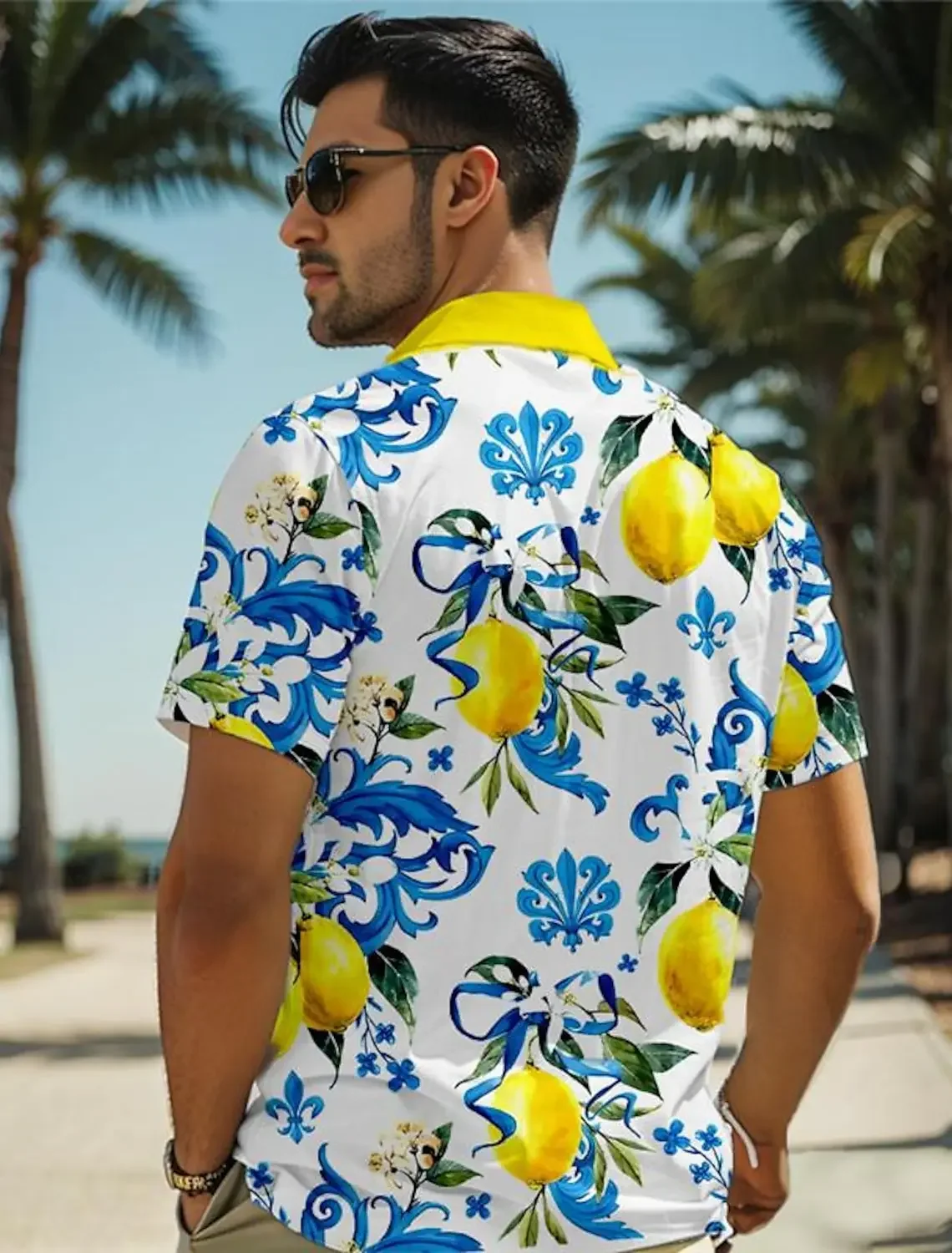 Men Polyester 3D Print Lemon Blue Floral Pattern Short Sleeve Lapel Hawaiian Shirt Summer Beach Vacation Casual Tops
