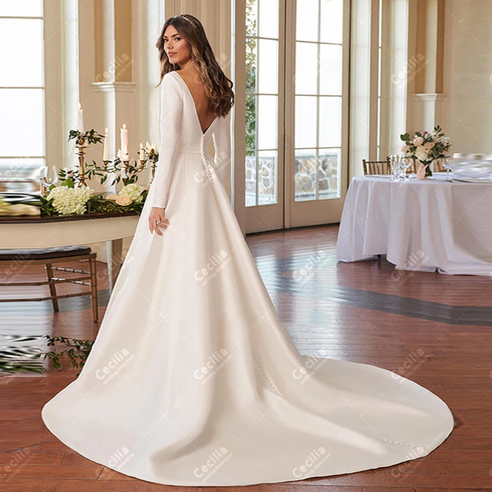 Modest Wedding Dresses Satin Bridal Gowns Full Sleeves Robes Backless Floor Length Glamorous Vestidos De Novia Customized 2025