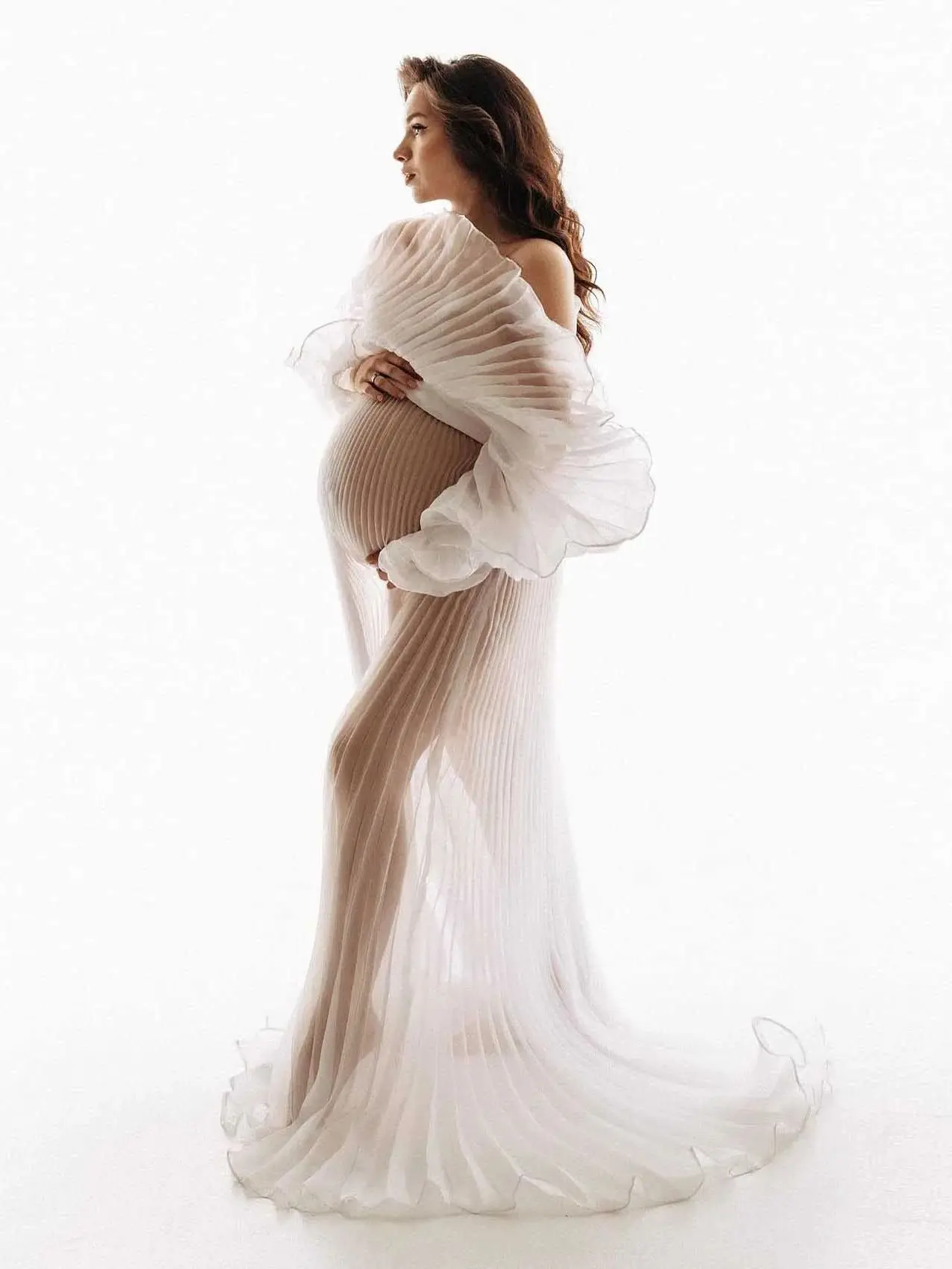 Hot Koop Witte Geplooide Zwangerschapsjurken Fotoshoot Museе Mohamed Piercia See Thru Organza Zwangerschapsjurken Babyshowerjurk - afbeelding 2