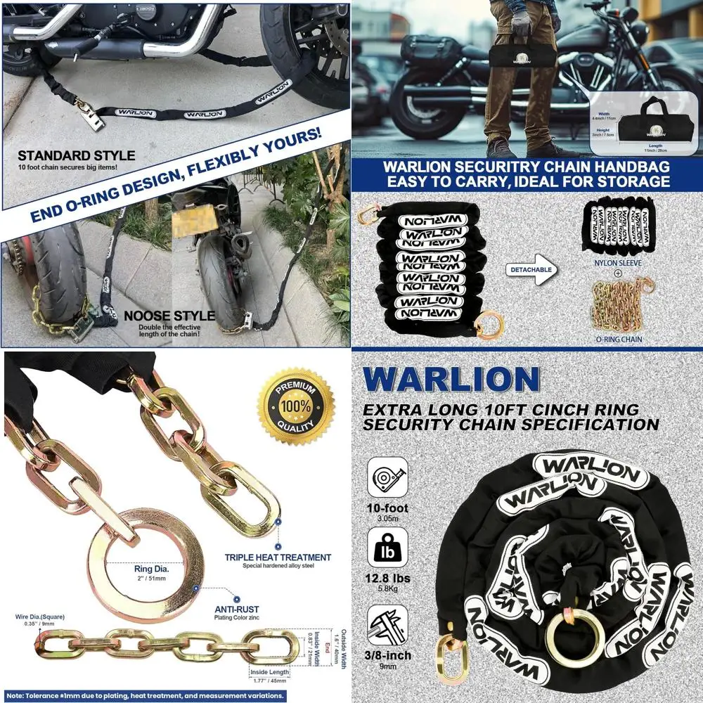 سلسلة أمان شديدة التحمل، سلسلة دراجات نارية سميكة 10 أقدام × 3/8 بوصة مقاومة للسرقة ومقاومة للقطع مع حلقة أربطة - مولدات آمنة، Ebik