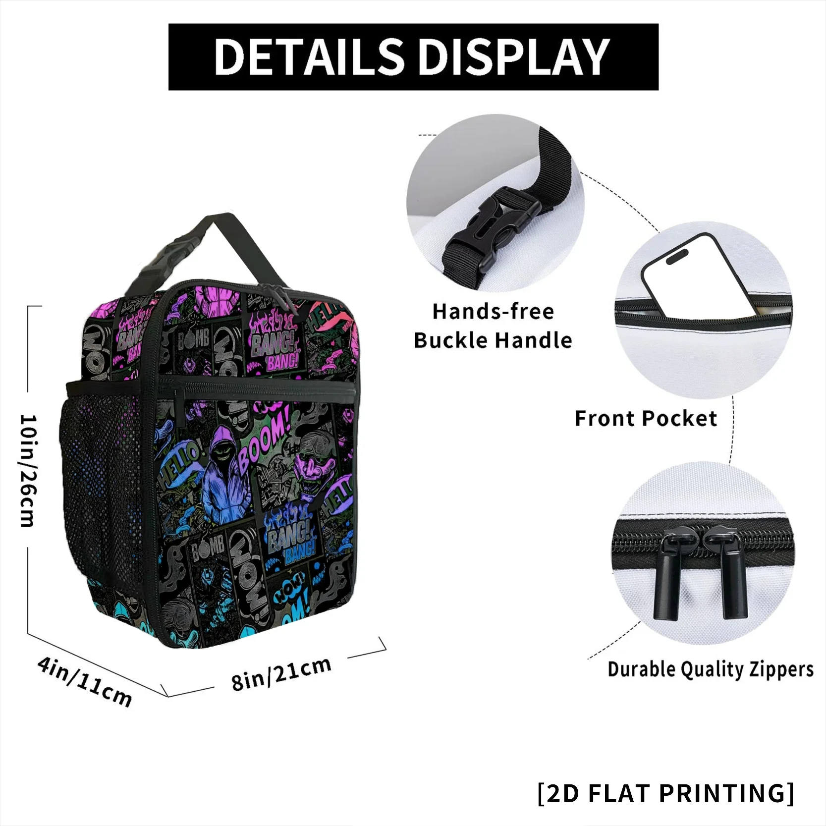 Demon Street Graffiti Explosion English Letter Insulated Lunch Bags Lunch Container Leakproof Tote Food Storage Bags Best Gift