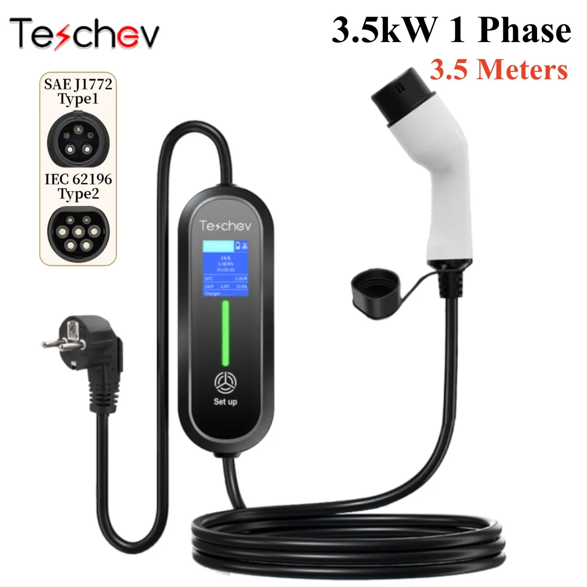 Teschev New GBT Type 1 Type 2 Car Charger 16A Protable EV Charger with 3.5M 5M Cable Current Adjustable Car Charging Station