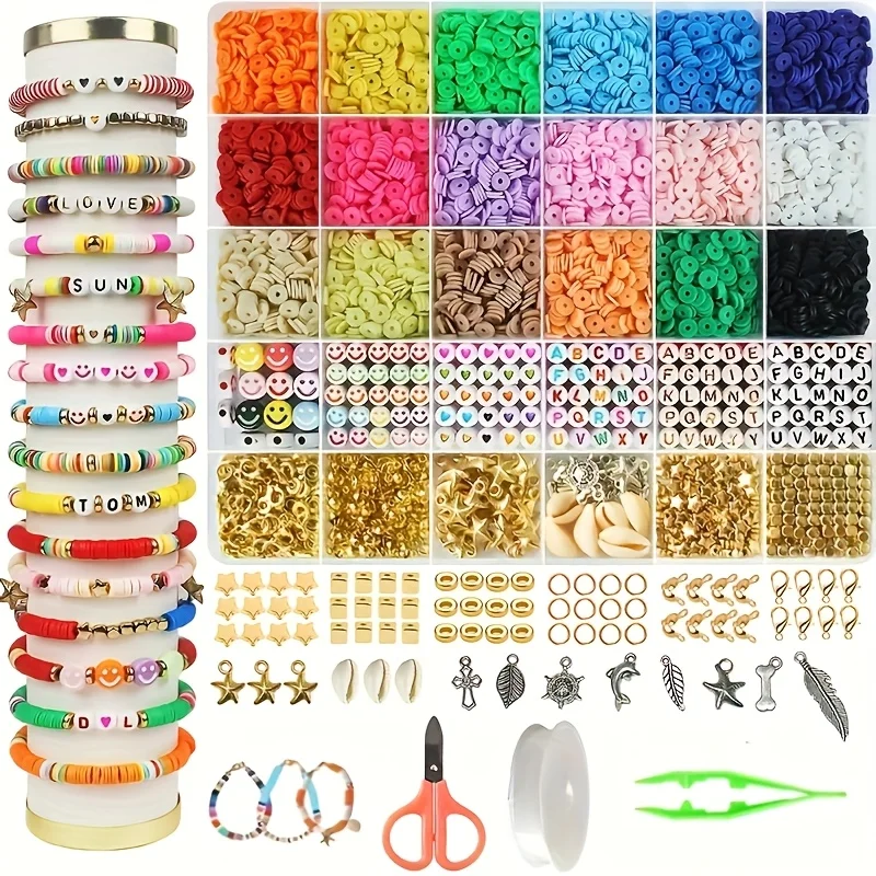 

‌3100Pcs Ultimate Bracelet Making Kit with Polymer Clay Beads, Charms & Elastic Cord | Includes Scissors, Storage Box | Non-Tox