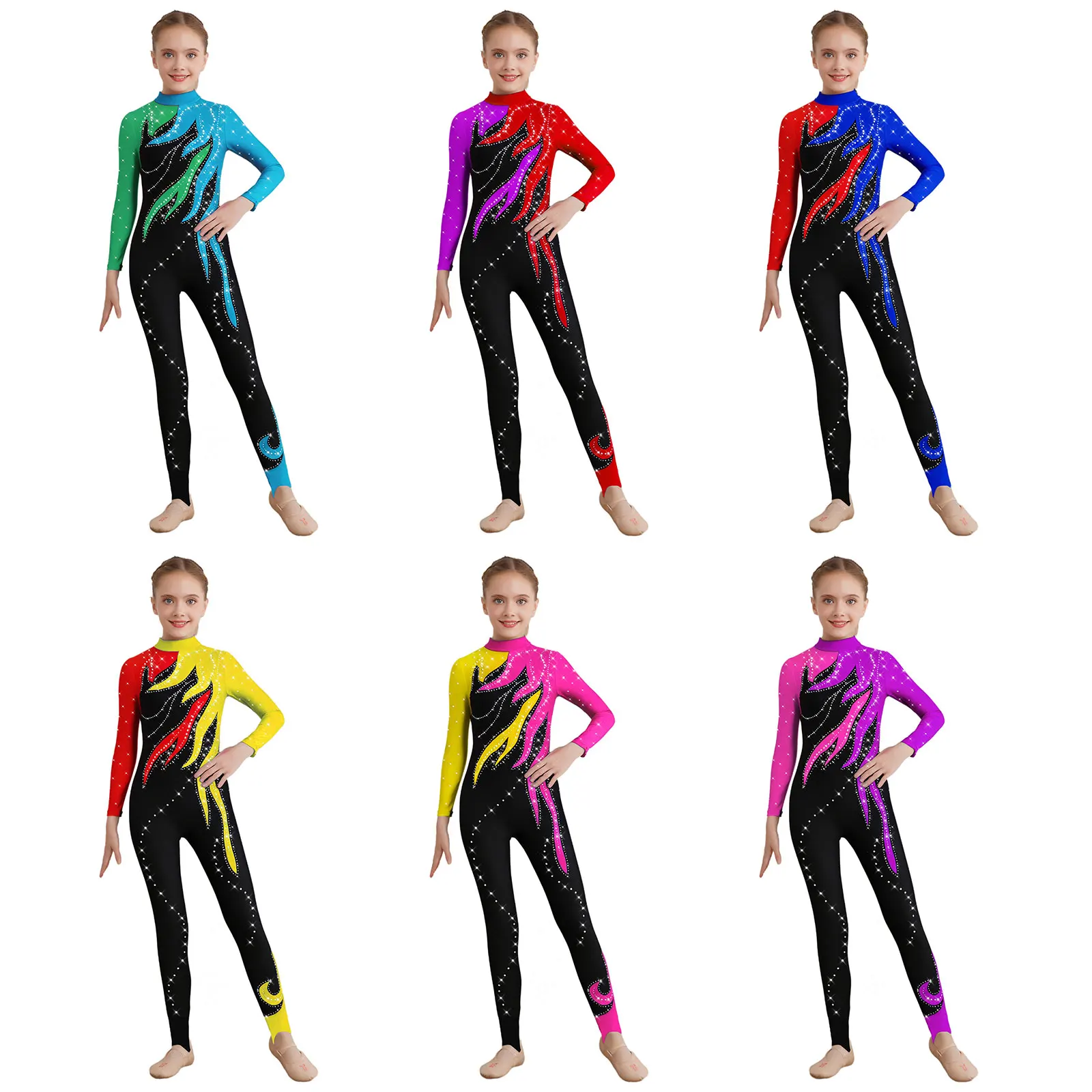 

Kids Girl Lyrical Gymnastics Dance Jumpsuit Mock Neck Long Sleeve Ballet Jazz Latin Dance Full Body Leotard Color Block Bodysuit