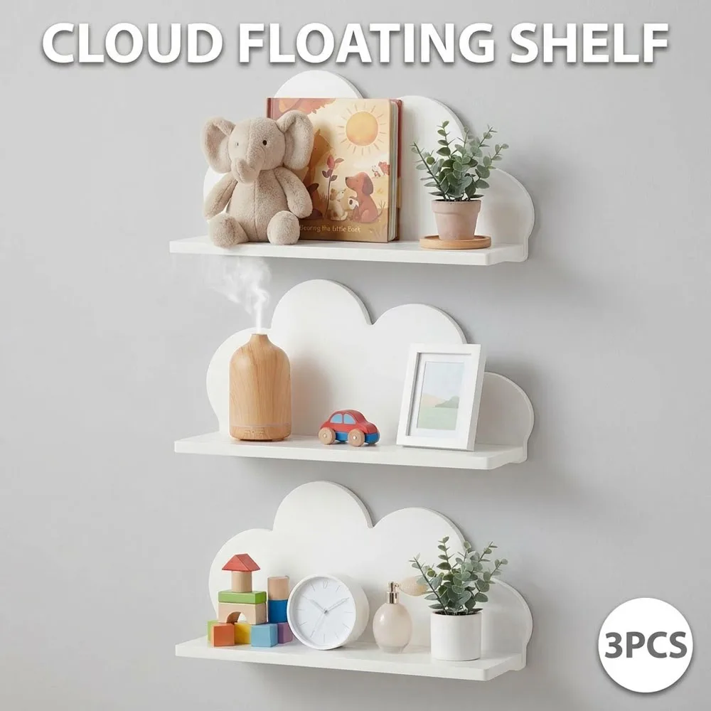 3Pcs Cloud Floating Shelf Wood Plastic Board Wall Storage Rack Durable Stable Cloud Shape Floating Shelves Decorative Bookshelf