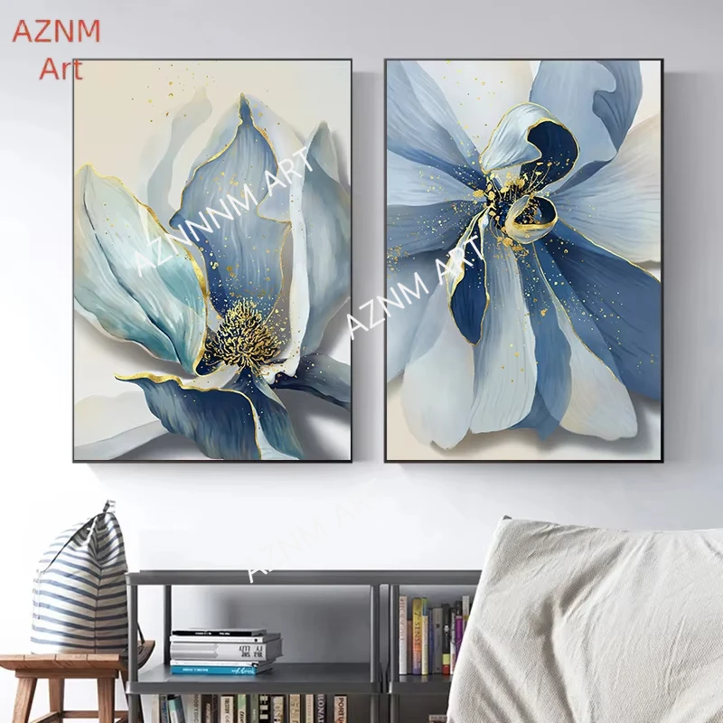 Abstraktes Blaues Blumen-Poster Moderne Kombination Leinwanddruck Gemälde Wandkunst Bilder für Wohnzimmer-Dekoration Cuadros