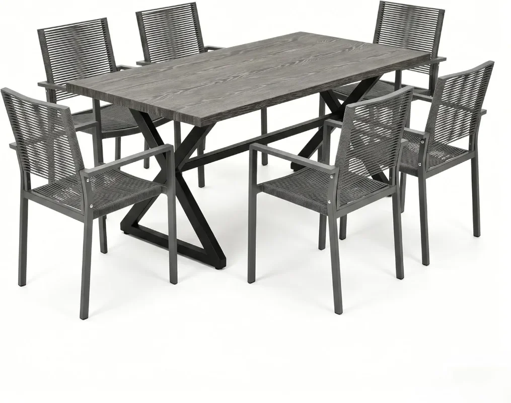 7 Piece Dining Table Set for 6, Aluminum Frame with Ultra Breathable Hollow Woven Rope Armchairs, Wood-Like Tabletop