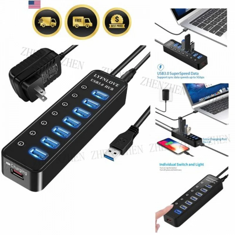 

Y USB-концентратор 3.0 Extender 7-портовый разветвитель с адаптером питания для ПК, ноутбука Mac