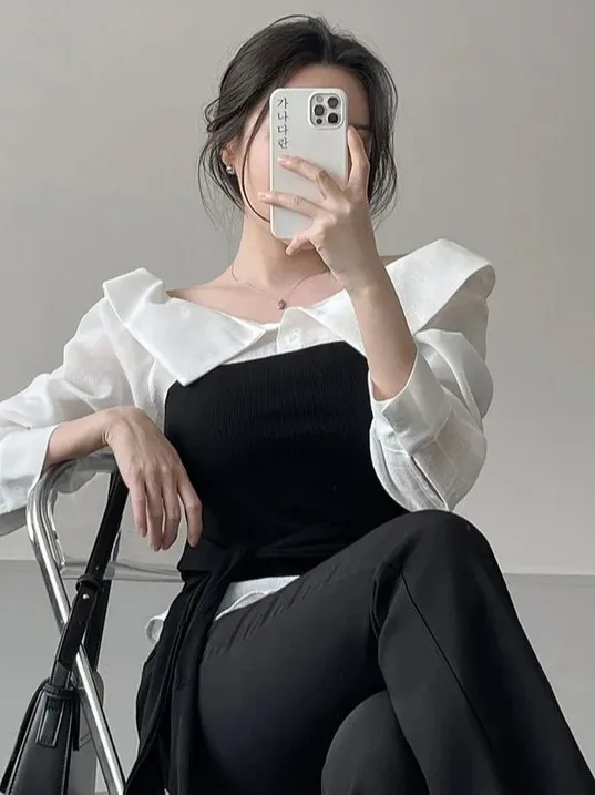 Slimming Chic V-Neck Splice Long Sleeve Women's Shirt Korean Style Fashionable Belted High-End Feelings Versatile Long Shirt