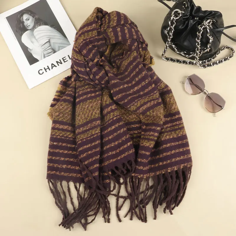 

Korean-style Fashion Striped Scarf for Women, Winter Versatile Warm Thick Faux Cashmere Shawl, Dual-purpose Fashion
