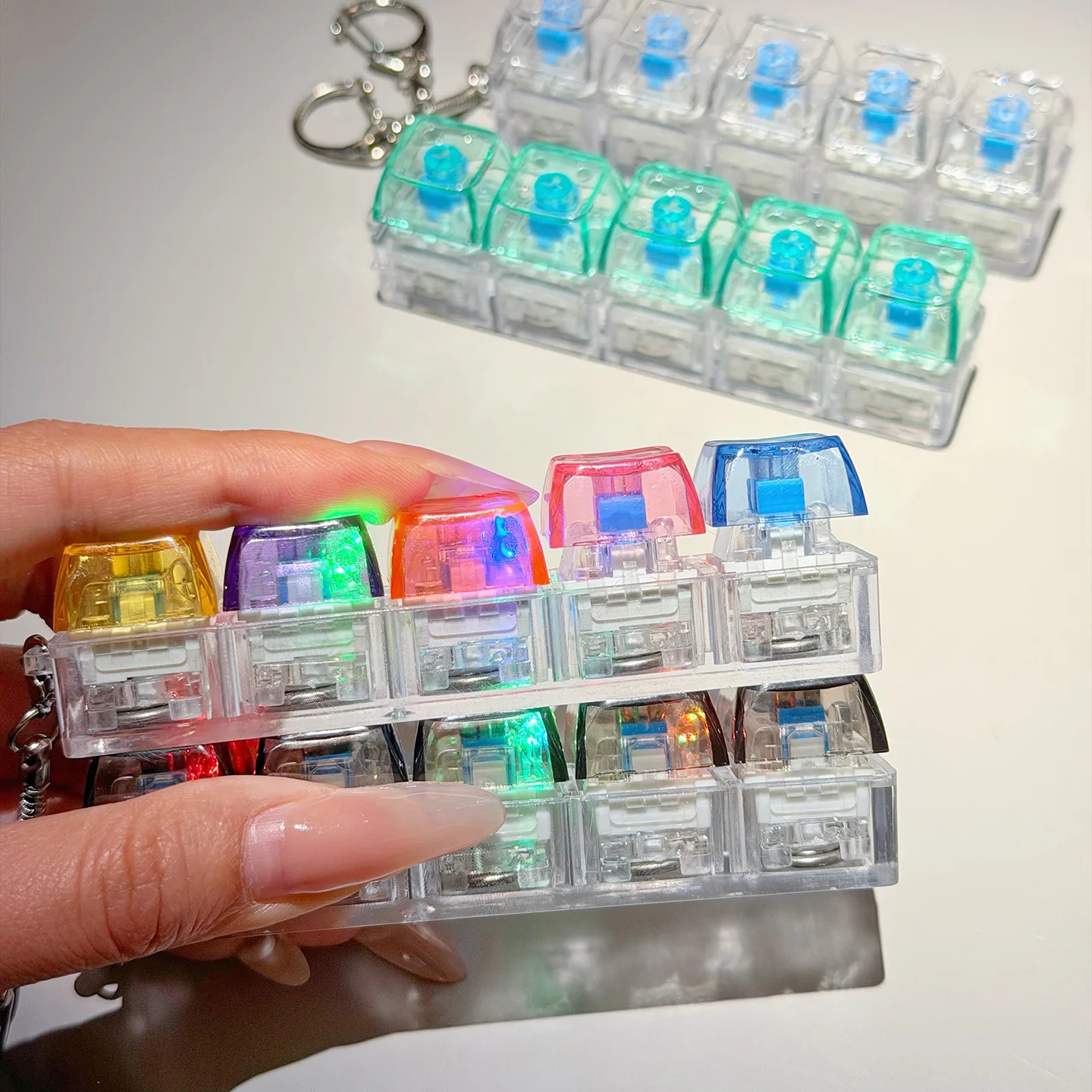 Light Up Mechanical Keyboard Key Keychain For Men Women Stress Relief Toy Clickable Button with LED Light Funny Decompression