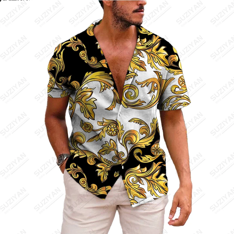 

Summer New Men's Fashion Casual 3D Printing Breathable Loose Short Sleeve Shirt Button Plus Size Shirt Men's Fashion Luxury Gold