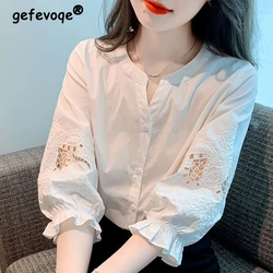 Women's Clothing Embroidery Hollow Simple Cotton Button Up Shirt Summer Trendy 3/4 Sleeve Solid Loose Blouses Casual Chic Blusas