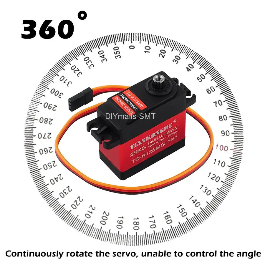 DIYmalls-Servo Digital de gran Torque, equipo de Metal impermeable de 360 grados, 25KG, para Robot de bricolaje, brazo robótico, modelo RC PWM