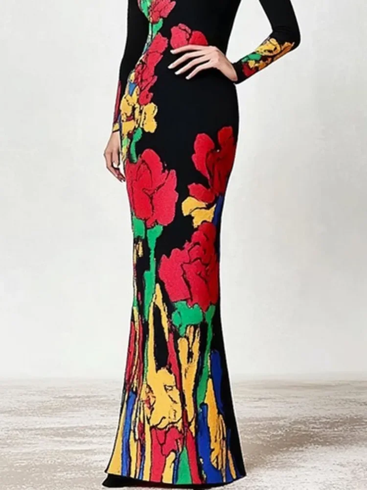 Yeezzi Vintage Elegant Multi-Colored Floral Printed Evening Dresses Women 2024 New Long Sleeves High Neck X-shape Party Dress