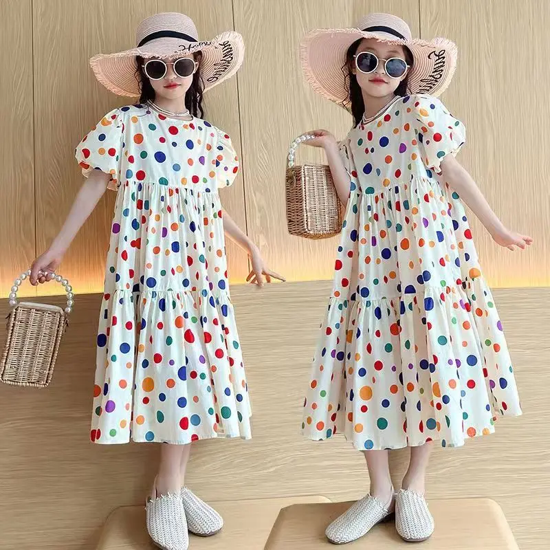 Fashion Summer Girls Dress 2024 Dot Beach Long Dress For Girl Bohemia Children Princess Loose Dresses Costume Teen 8 10 12 14 Y