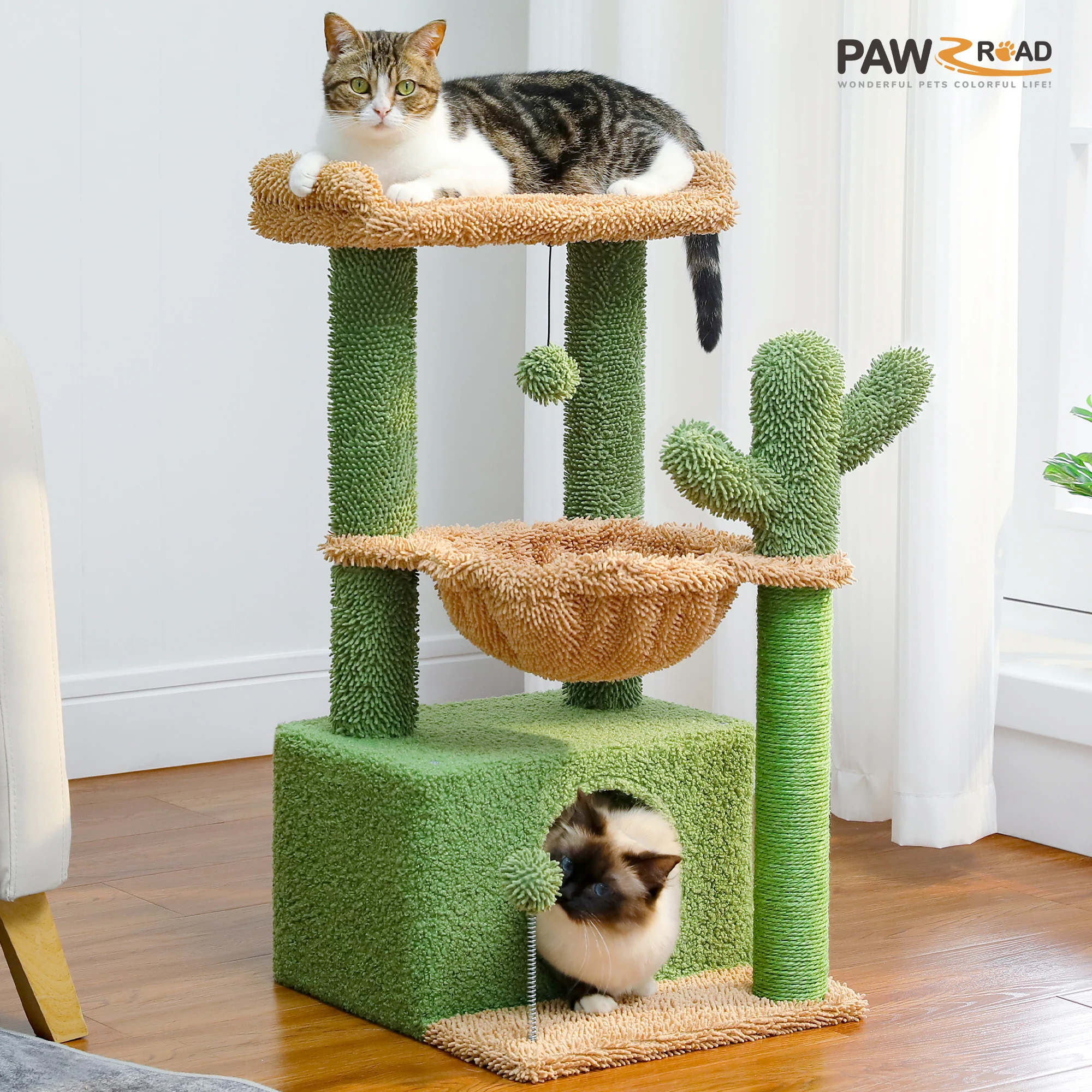 H107/83CM 2 Size Cactus Cat Tree for Indoor Cat Tower Toy Large Top Perch Sisal Covered Scratching Posts& Pad Hummock Big Condo