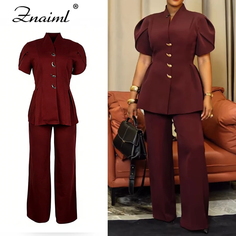 

Znaiml Women's Fashion Two-Piece Set Stand Collar Short Sleeve Patchwork Button Top High Waist Wide Leg Pants Office Lady Suits