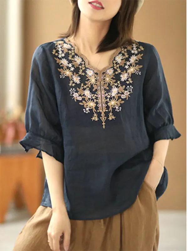 ZiMo QingHe Heavy Industry Haftowany Lniany Top Damski z Dekoltem w Serek, Letni, z Małej Bawełny i Lnu