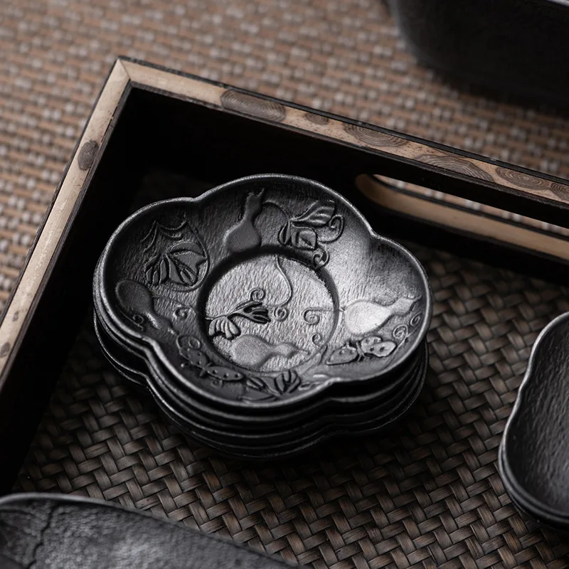 1PC Antique Tin Cup Mat, Hand Hammered Metal Tea Saucer, Non-Slip Japanese Style Tea Tray Pad, Kung Fu Tea Accessories