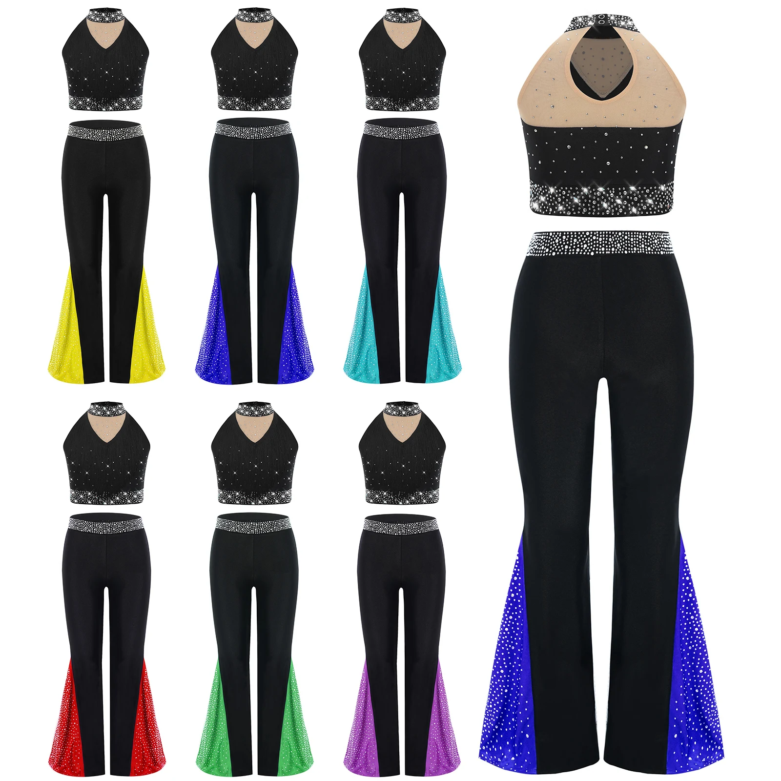 Set di abbigliamento da ballo in 2 pezzi per balletto per ragazze Costumi per spettacoli di allenamento Top con strass con fondo Pattinaggio Ginnastica Abiti da ballo