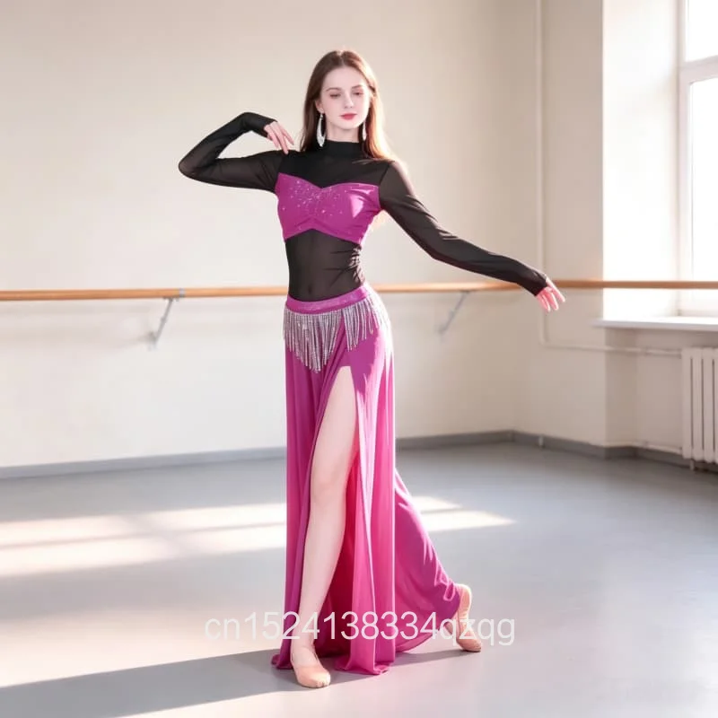 Women Belly Dance Practice Suit Long Sleeved Slim Fit Top Tassel Skirt Professional Belly Dance Training Performance Dance Wear