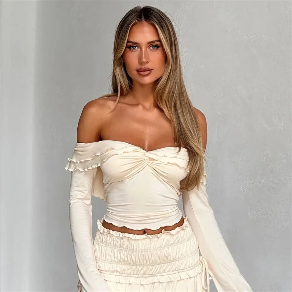 PB&ZA 2024 Spring New Women's Fashion and Elegance Slim Fit Versatile One Shoulder Short Top Waist Fold Half Skirt Set