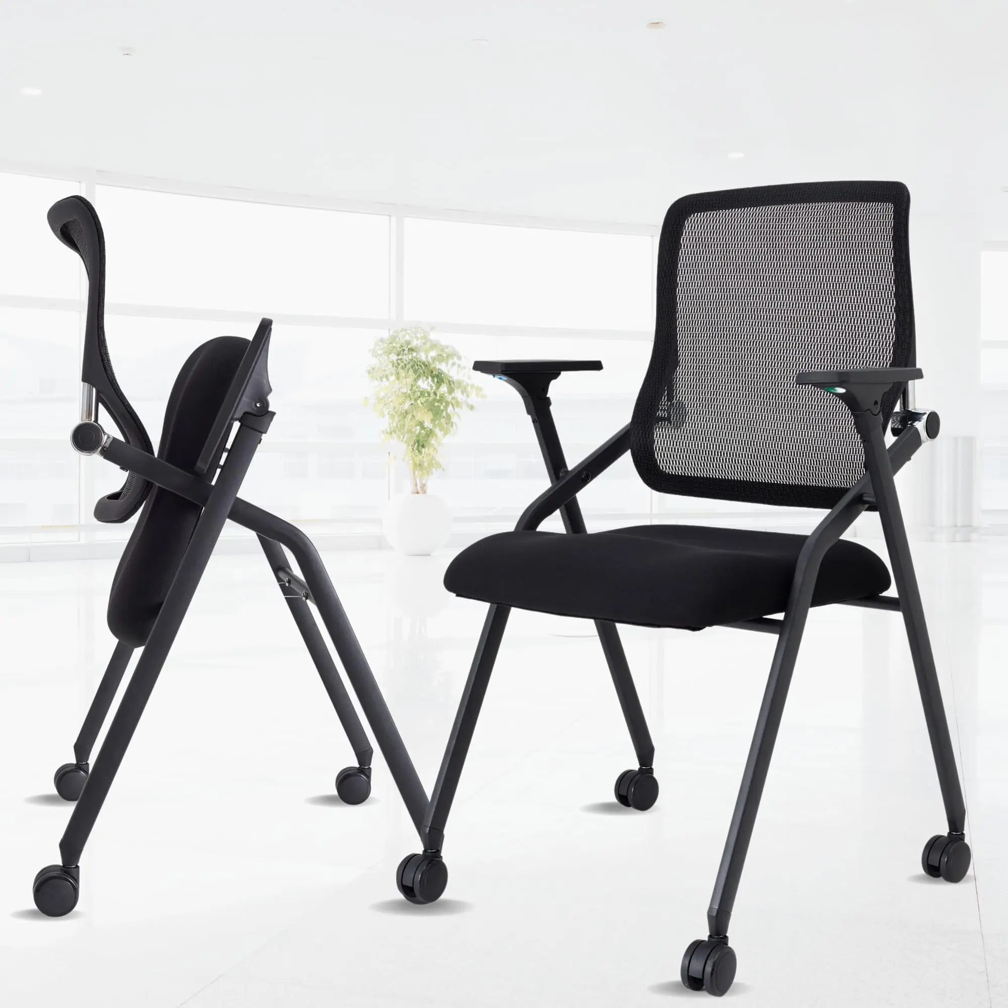 2 Pack Stackable & Foldable Conference Room Chairs with Lumbar Support, Armrest - Ergonomic Mesh Bouncing Back for