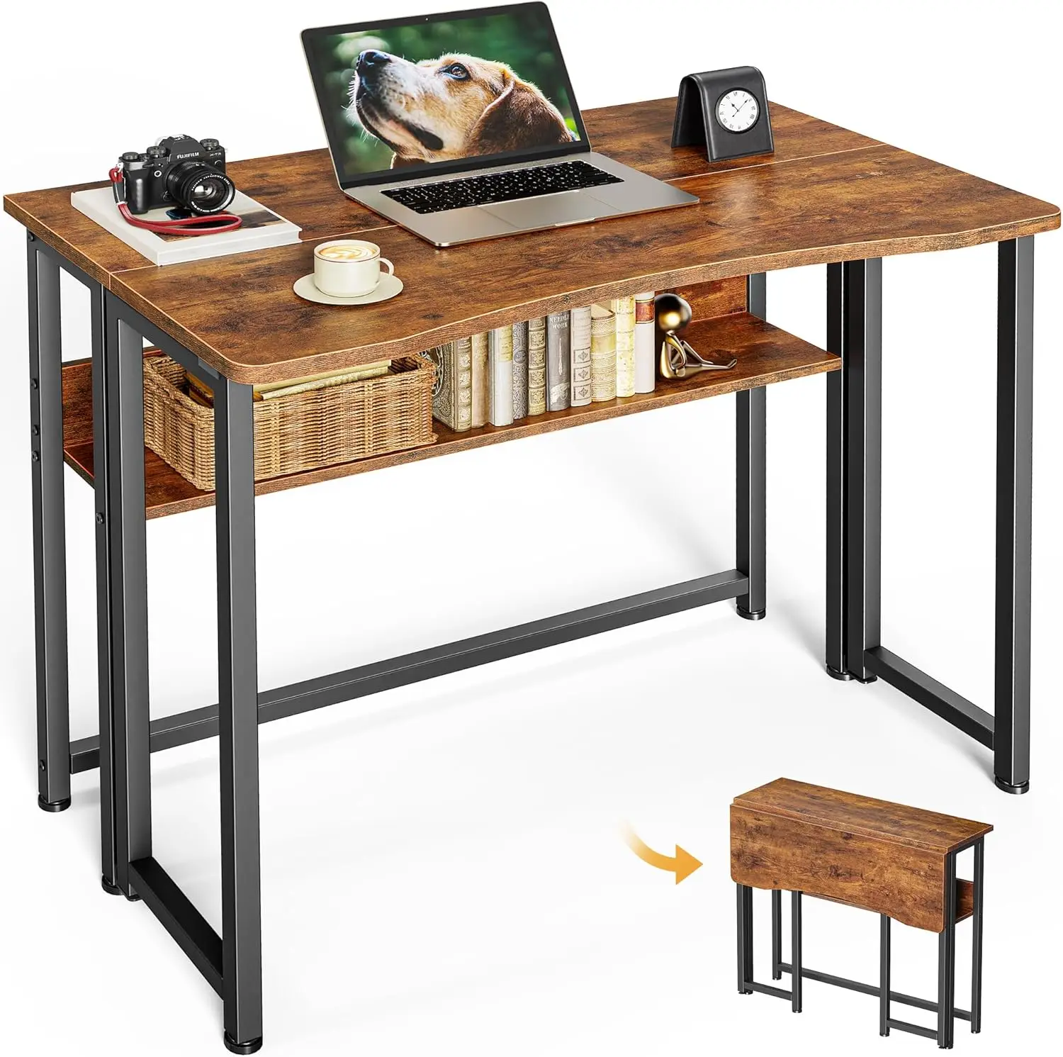 

Folding Desk with Storage Shelf, 31.5 Inch Foldable Computer Table for Small Spaces, Space Saving Sofa Table for Couch
