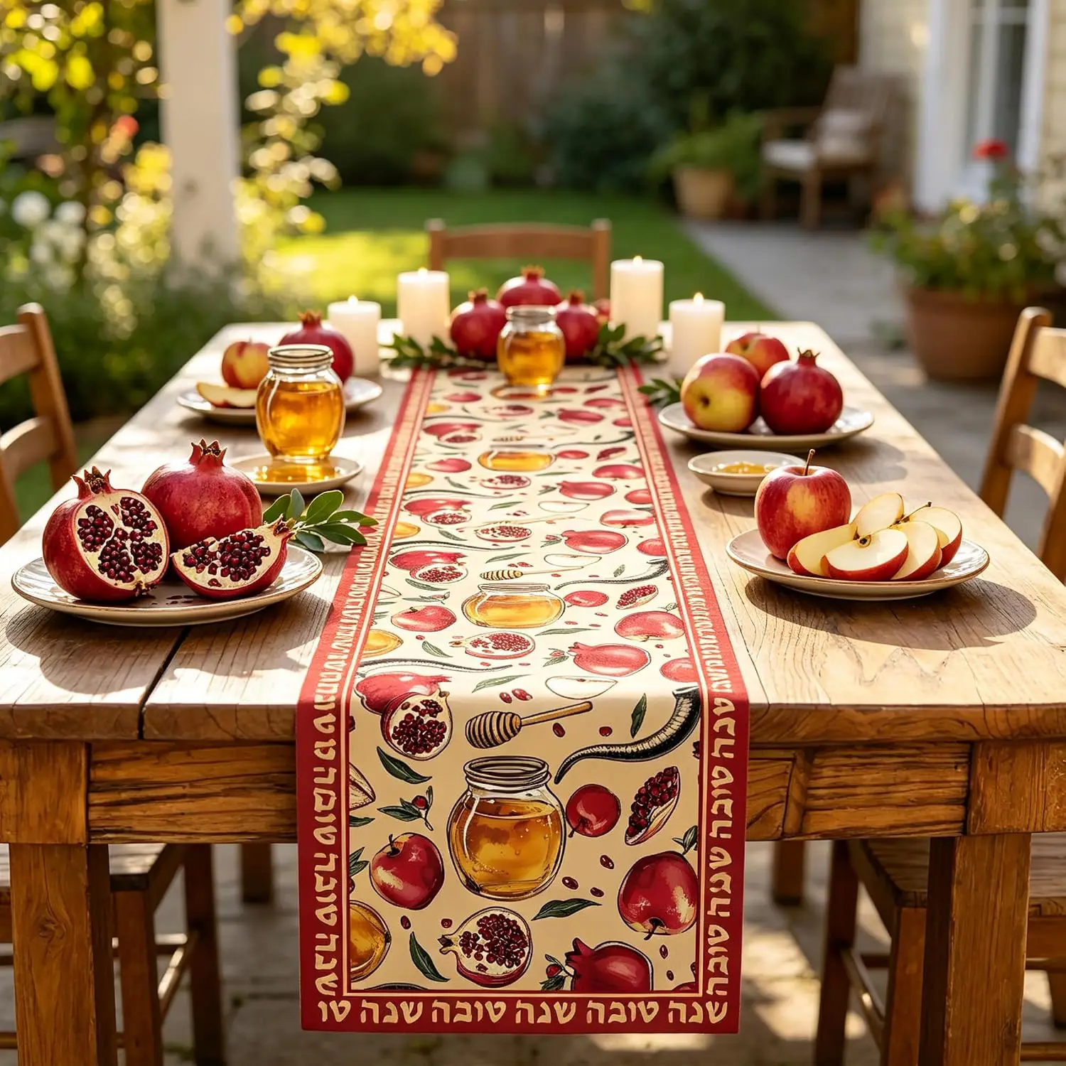 Rosh Hashanah Pomegranate Honey Linen Table Runner Jewish Holiday Decor Reusable Kitchen Dining Table Runner Shana Tova Decor