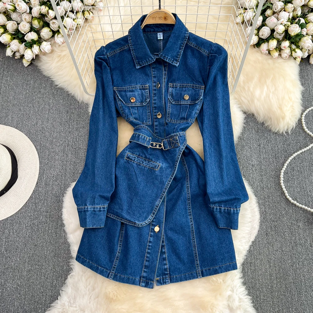 

2023 Spring Autumn Korean Style Women Denim Dress Fashionable Long Sleeve Single Breasted Slim A-Line Mini Ladies Dress