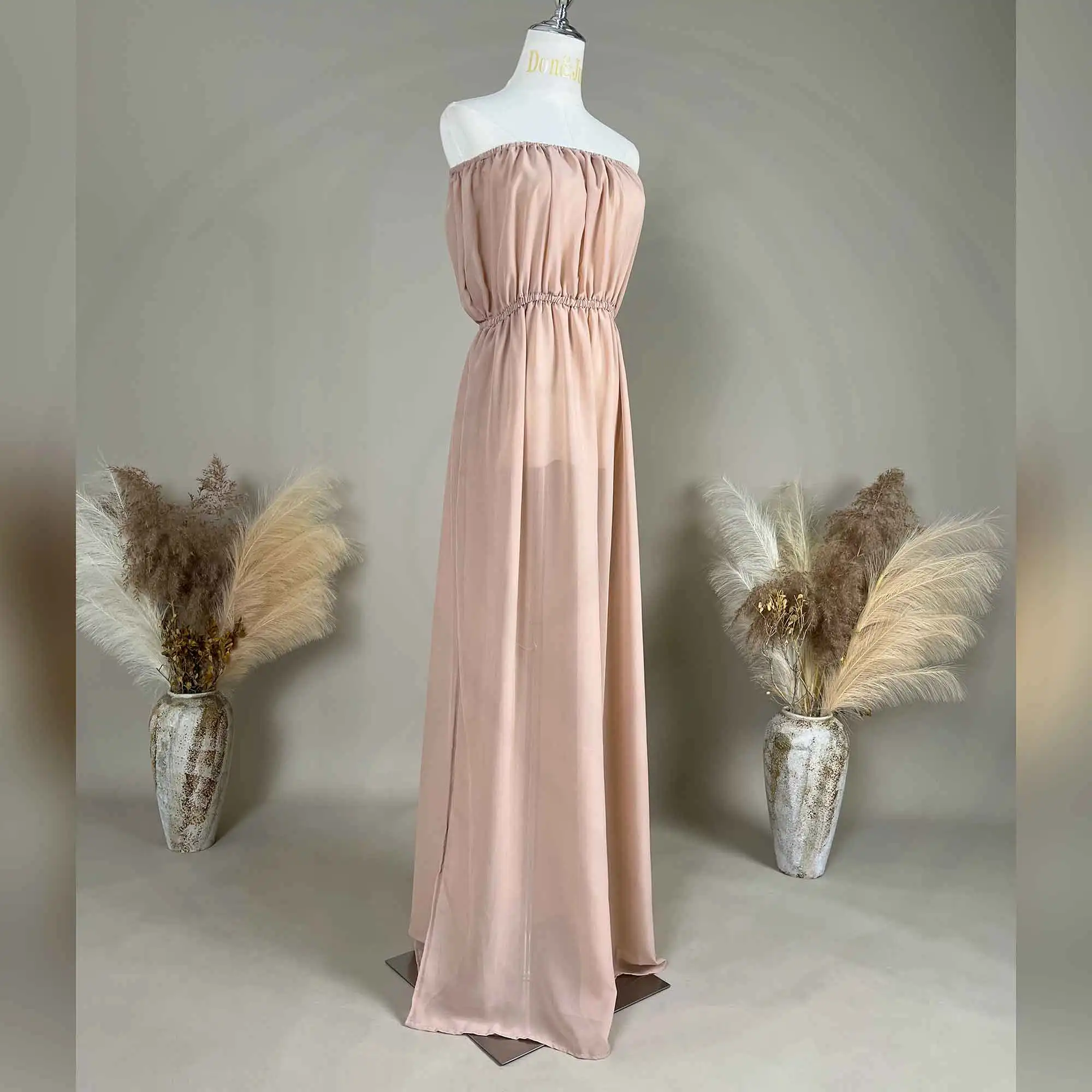 Don&Judy Blush Pink Chiffon Strapless Evening Gown with Elastic Waist and Flowy Maxi Dress Maternity or Non-maternity Gown view 2