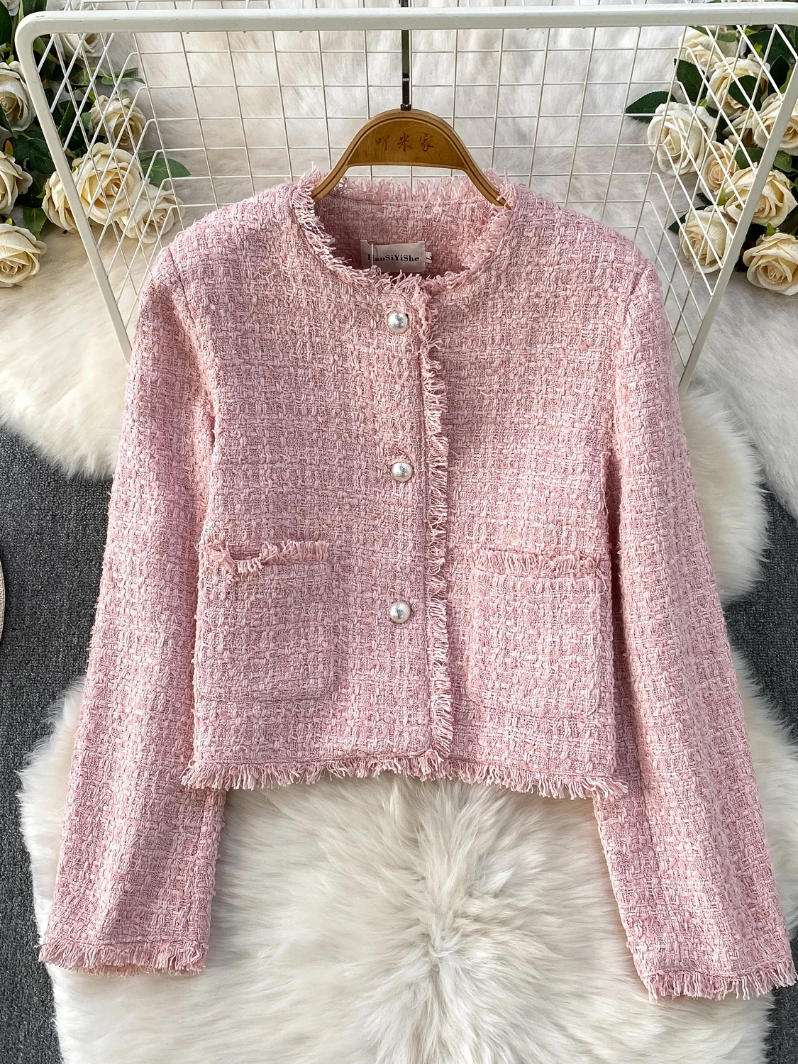 

Женская шерстяная блузка-пальто Ele Pearl Button Tassel Trim с круглым вырезом, весна-осень, роскошная, свободного кроя