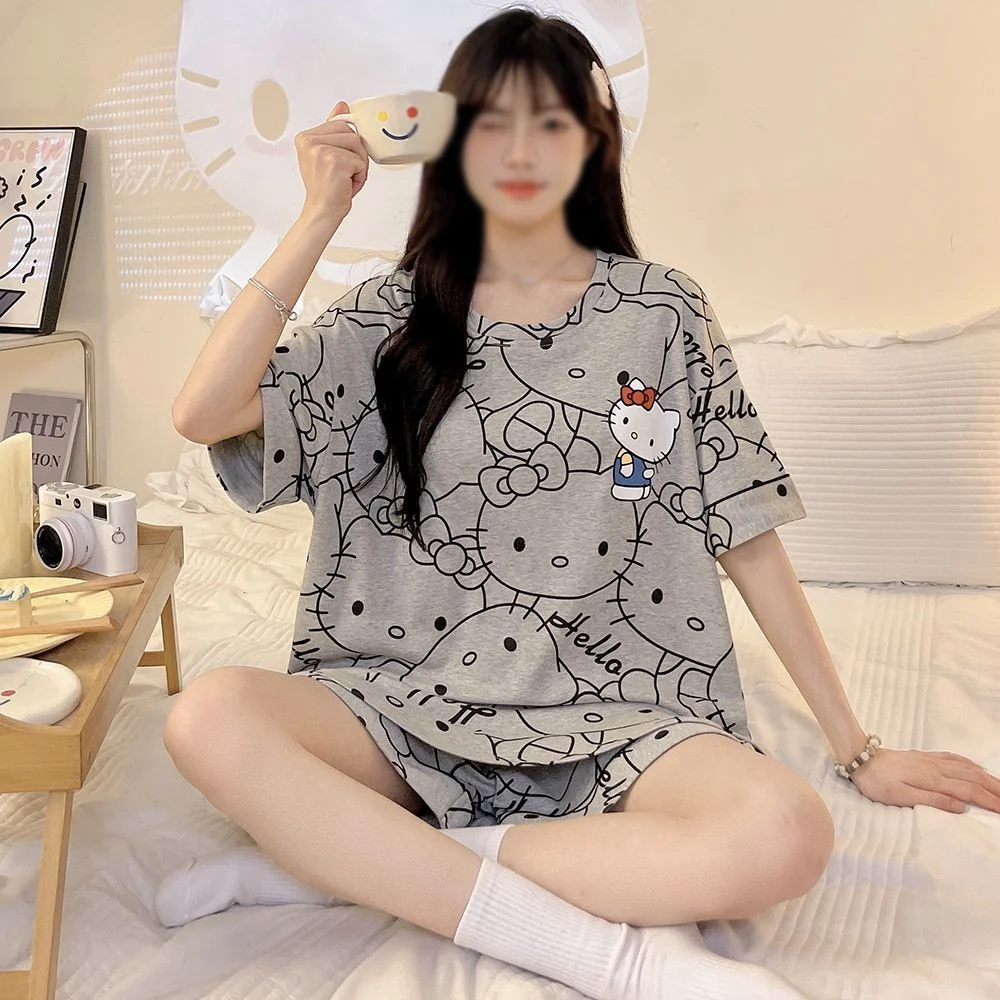 

Sanrio Hello Kitty Summer Pajamas Sets Shorts Short Sleeve ﻿sleepwear Kawaii Cartoon Women's Nightgown Home Clothes New Arrival