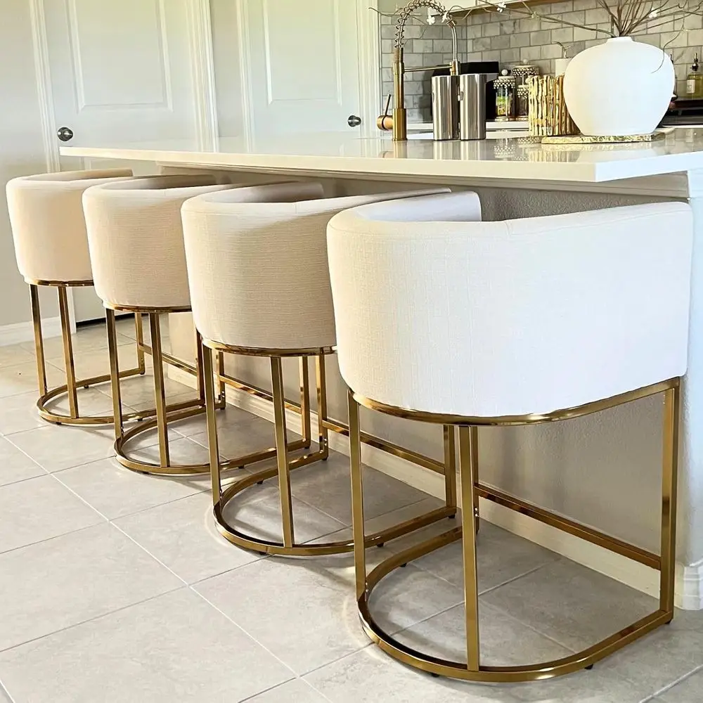 

Set of 4 24 Linen-Upholstered Bar Stools with Gold Metal Legs for Kitchen Island/Pub/Dining Room, Beige