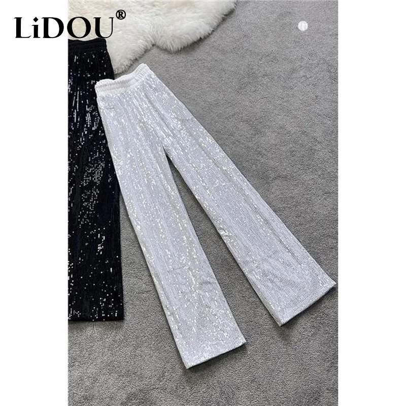 

2023 Spring Summer New Y2K Solid Color Sequined Loose Casual Fashion Wide Leg Trousers Women Elastic Waist Shiny Straight Pants