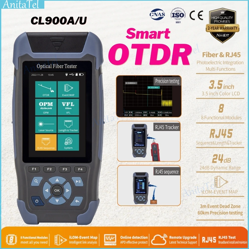 

CL900 Mini OTDR Fiber Optic Reflectometer with 9 Functions VFL OPM OLS 24dB for 64km Ethernet CableTester Event Map brand new