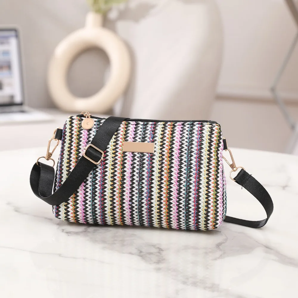 

Trendy Colorful Rainbow Woven Bag Travel Organizer Portable Girls Shoulder Bag Adjustable Strap Crossbody Bag Daily