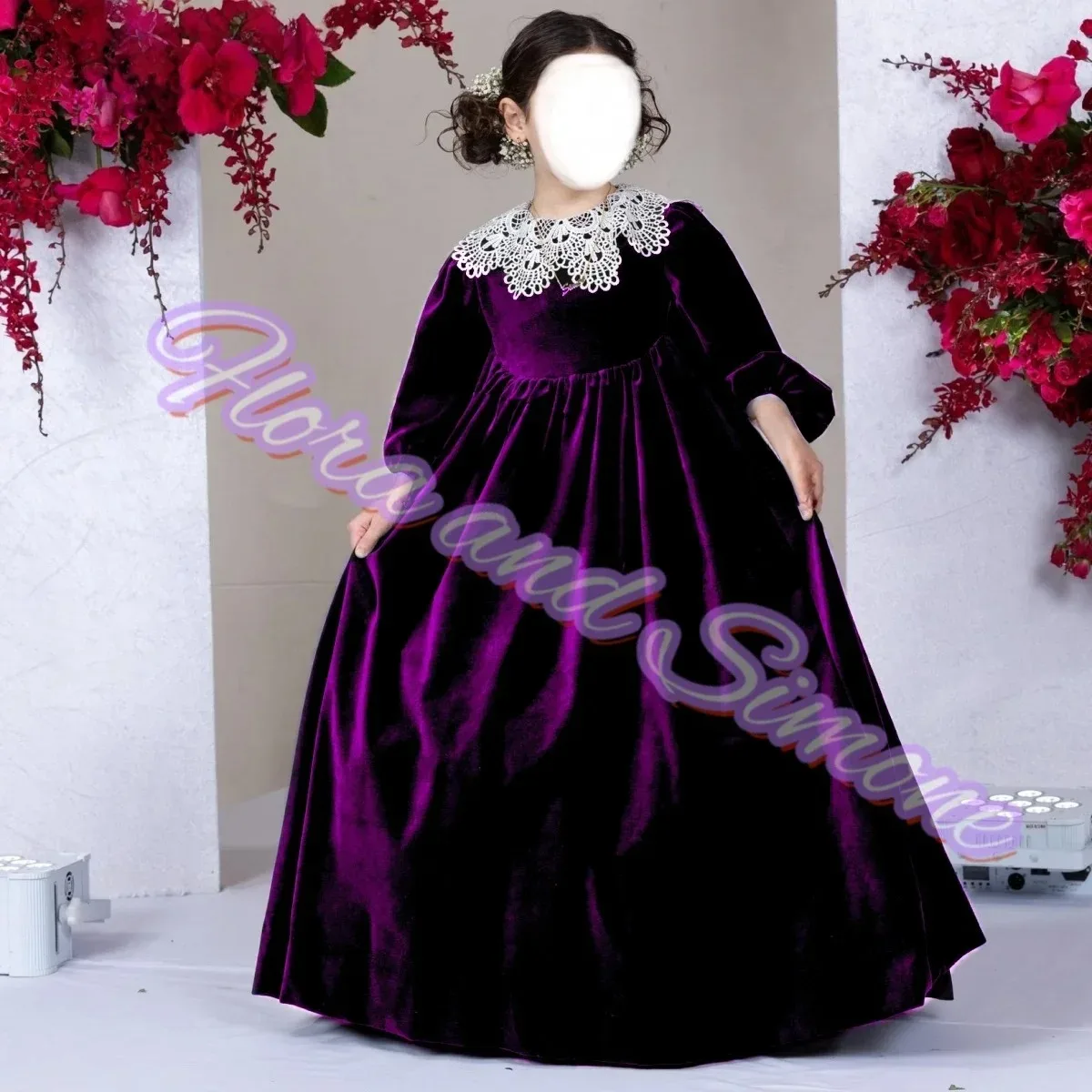 Großhandel Mädchenkleider mit Viertelärmeln, Spitzenkragen, Hochgeschnittener Taille, Samt-Blumenmädchenkleid für Hochzeitszeremonien, Formell, Maßanfertigung – Detail 3