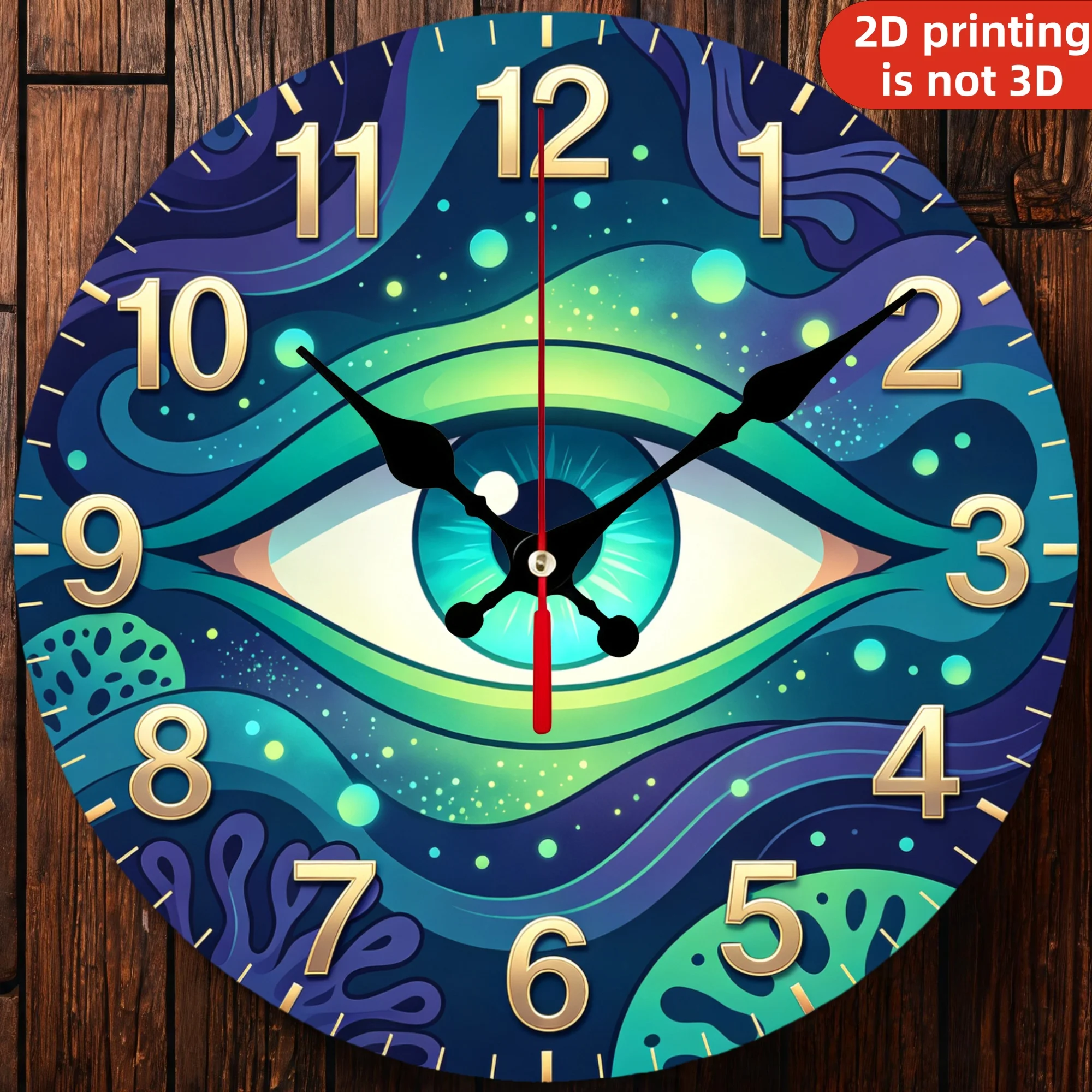 Teal Blue Ocean Mystical Eye Wooden Wall Clock, 10/12 Inch Round Wood Clock, Silent Non Ticking Quartz Movement, Swirling Fluid Galaxy Wave Printed Home Decor