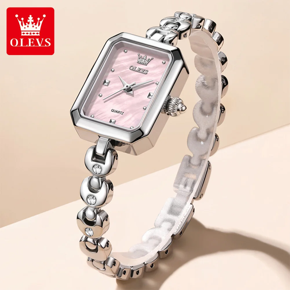 OLEVS 3665 Quartz Movement Elegance Watch For Women Pearl Art Square Dial Stainless Steel Strap  30m Waterproof Watch For Women